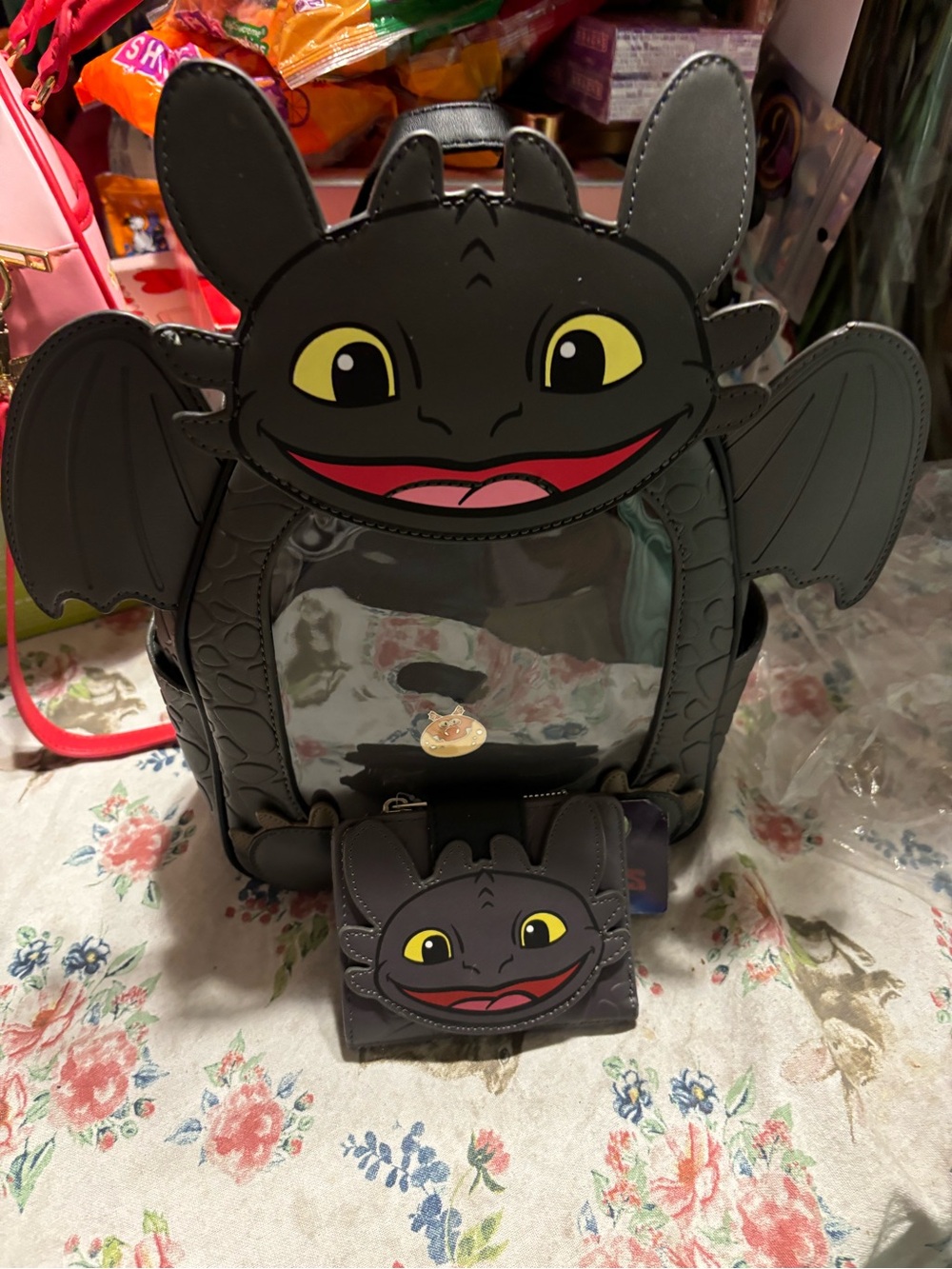 Loungefly Black Toothless Clear Panel Mini Backpack with Matching Wallet